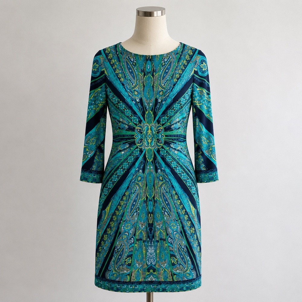Chico's‎ Paisley Shift Dress Womens 0 4/6 Teal Navy Blue Boho 3/4 Sleeve Stretch
